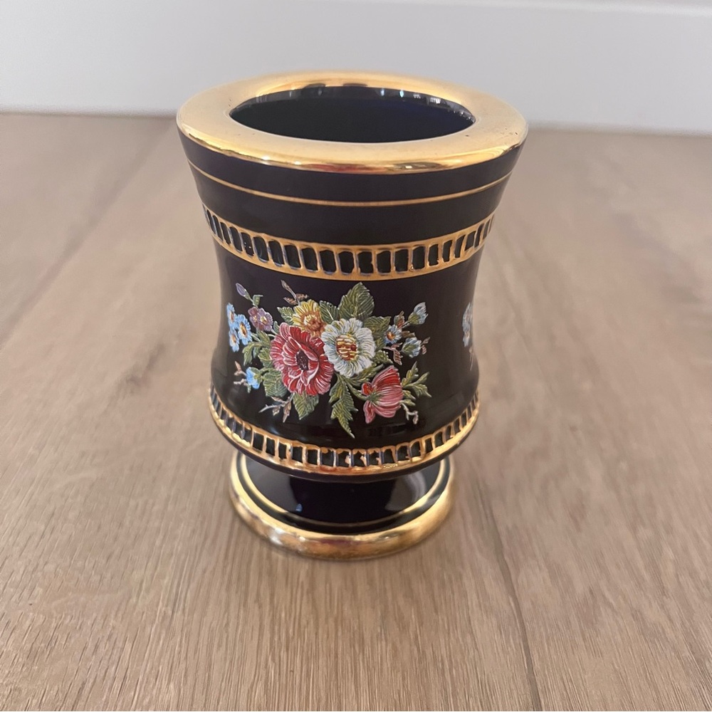 Vintage Spyropoulos Grecian Cobalt‎ Blue 24K Gold Pedestal Cup Vase Greek Flower